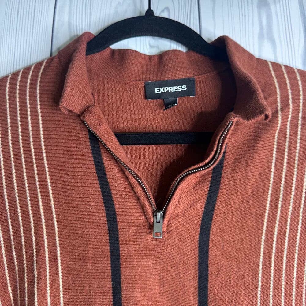Express Johnny Collar Polo Shirt Men's Small Brown Vertical Stripe Short Sleeve
